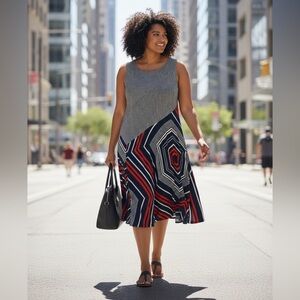 Anthropologie Maeve Cameron Asymmetric Swing Mod Dress Stripes Geometric Size L